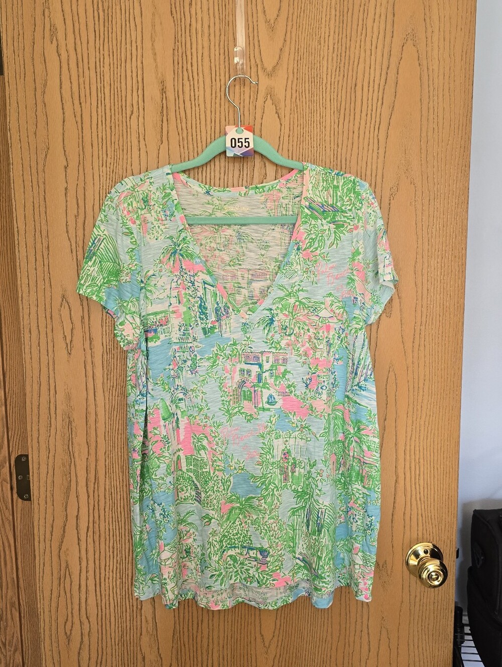 Lilly Pulitzer Etta Tropical V-Neck Short Sleeve Women's Top - Mint & Pink C55
